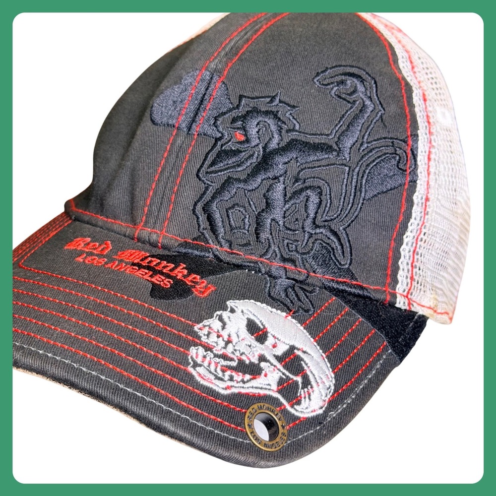 Red Monkey Trucker Hat Men Black Red Grommet Skull Embroidered Snapback Cap